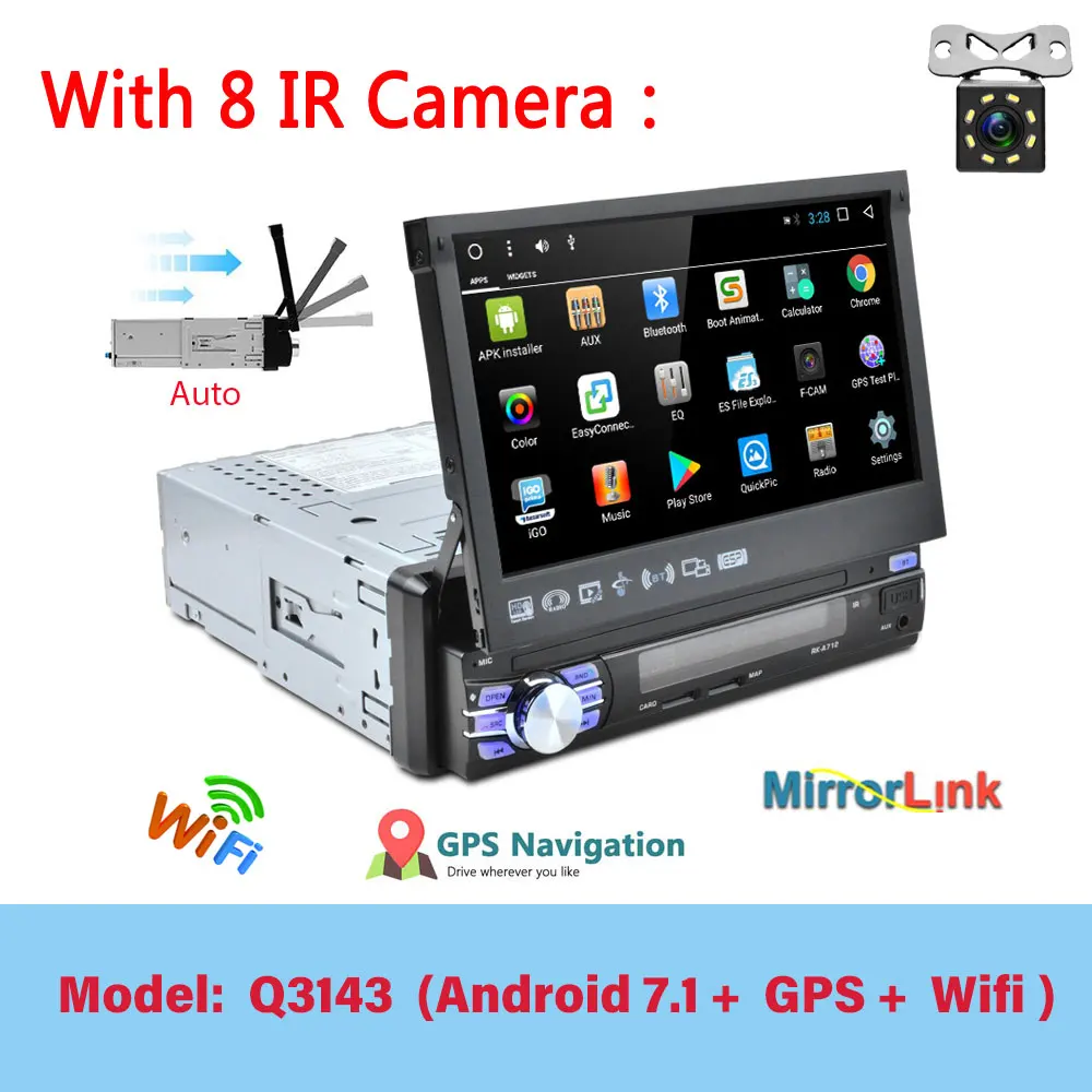 LeeKooLuu 1 Din Android 7,1 Автомагнитола с авто выдвижным экраном универсальное радио Bluetooth Wifi Mirrorlink gps Автомобильный мультимедийный - Цвет: Q3143  8IR Camera