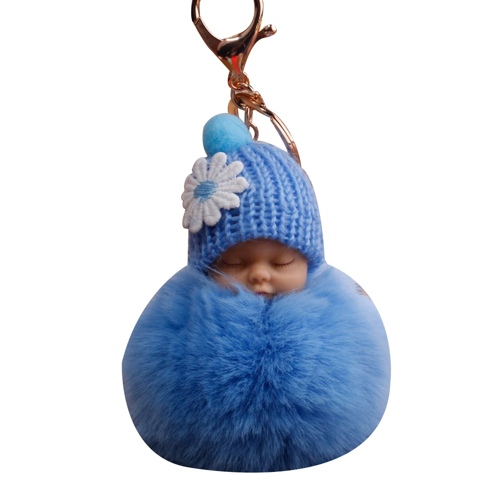 

Cute Sleeping Baby Fluffy Pompom Plush Doll Hanging Pendant Key Ring Keychain New