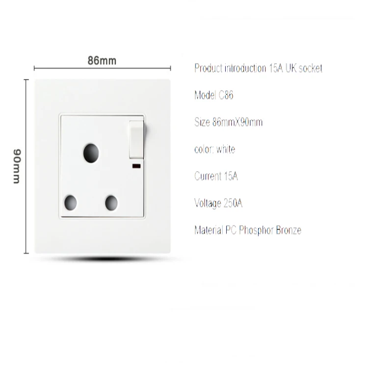 New Wall Power Socket, White Panel, ON/OFF AC110~250V,15A Outlet India South Africa Power outlet