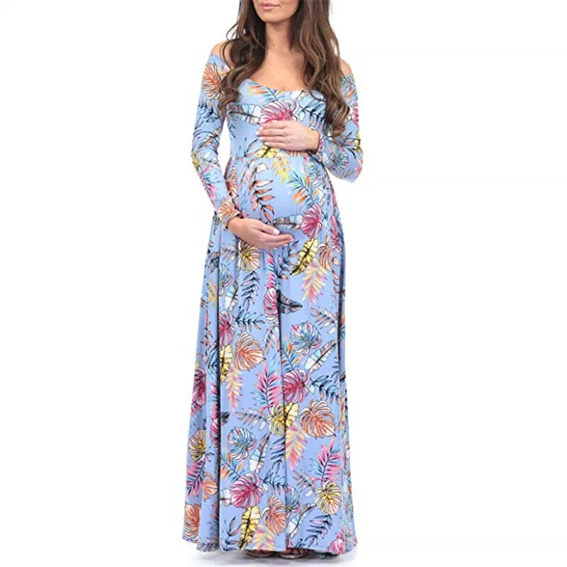 Light blue floral Модное платье для беременных с цветочным принтом; платье для беременных; платье для фотосессии; длинное платье для беременных; одежда для фотосессии для беременных женщин - Цвет: Light blue floral