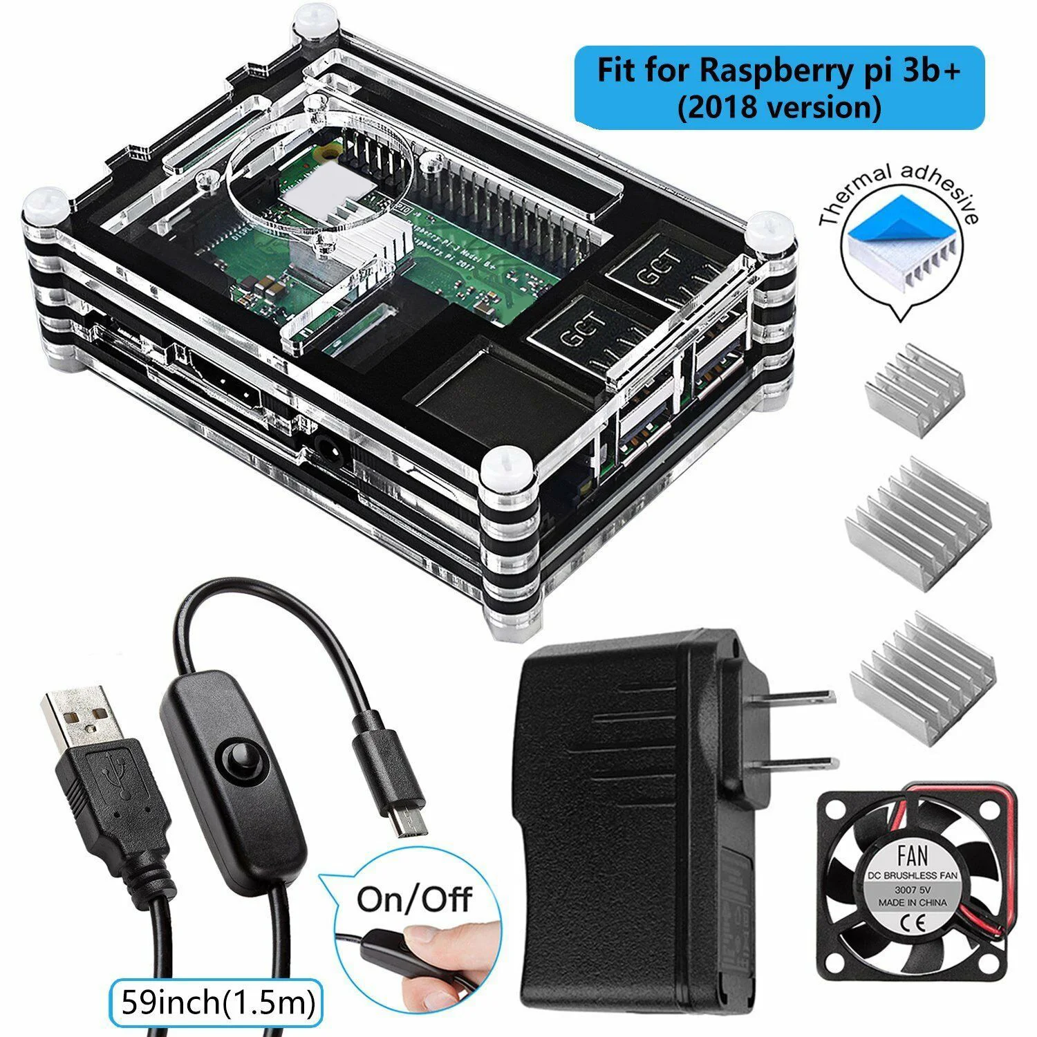 Чехол+ вентилятор+ адаптер питания+ радиатор+ Кабель Micro USB для Raspberry Pi 3 B