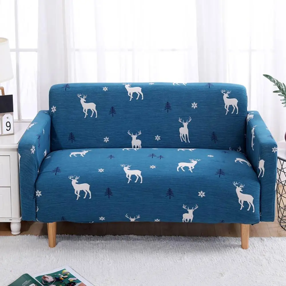 

Blue Deer Trees White Stitching Sofa Cover Slipcover Stretch Elastic Spandex/Polyester Chair Loveseat L Shape Sofa Protector