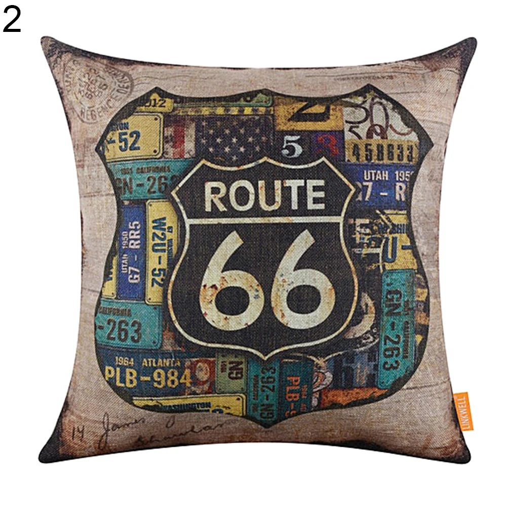 Винтажный мягкий льняной чехол для подушки с изображением американской карты Route 66, съемный чехол для дивана, кровати, автомобиля