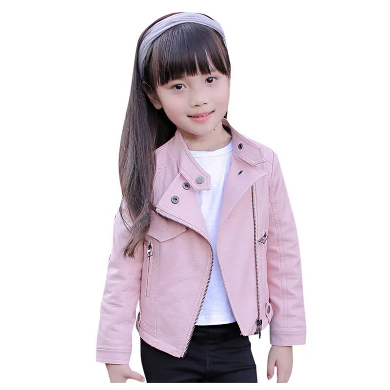 Кожаное пальто для девочек; однотонная верхняя одежда с длинными рукавами для маленьких девочек и мальчиков; кожаное пальто; короткая куртка для девочек;#4N28 - Цвет: Розовый