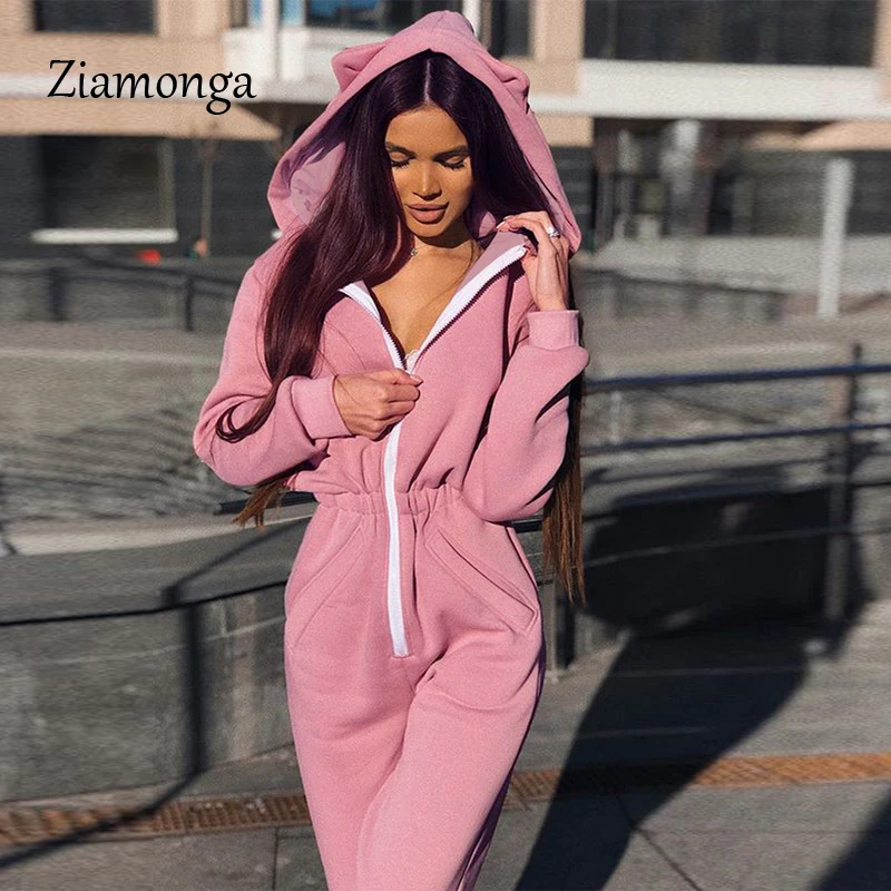 Ziamonga, женские зимние комбинезоны,, с длинным рукавом, с капюшоном, наряды на молнии, сексуальная клубная одежда, для пробежек, бандаж, бодикон, фитнес-комбинезон - Цвет: Pink