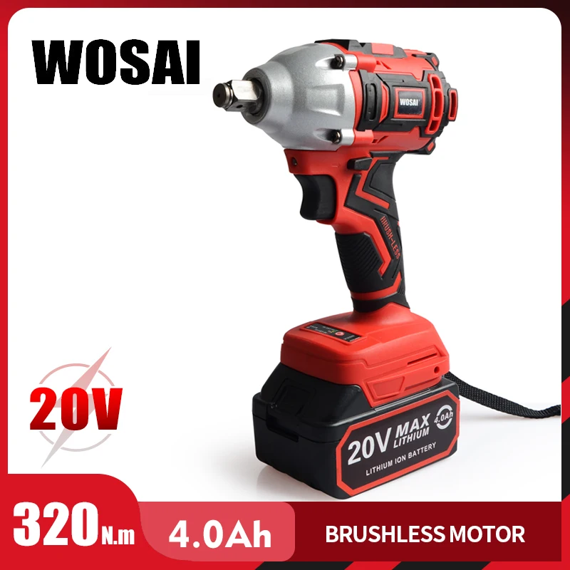  WOSAI 20V Brushless Electric Wrench Impact Wrench Socket Wrench 320N.m 4.0AH Li Battery Hand Drill 
