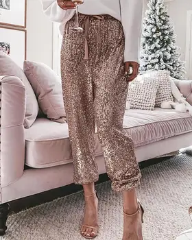 

casual looes sequin pants women Glitter Drawstring Design Sequins Cuffed Pants high waist shinny long trousers pantalon mujer