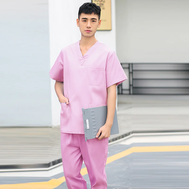 Для женщин и мужчин классический скраб-Топ V воротник рубашка с коротким рукавом Чистый хлопок медицинская форма сплошной цвет хирургический доктор рабочая одежда медсестры - Цвет: pink
