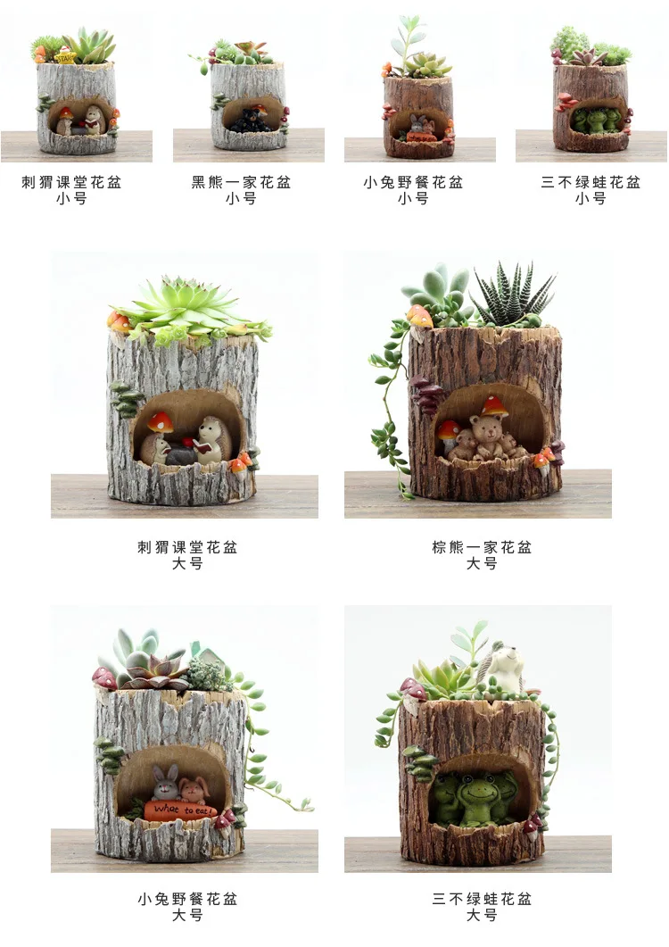 YXYT Modern Wooden Resin Bonsai Succulents Pot Retro Permeable  Green Plant Flower Pots Living Room Office Garden Home Decor (6)