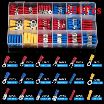 

300Pc Electrical Wire Terminals Crimp Connector Spade Butt Ring Fork Crimping Terminal Set Assorted Full Insulated