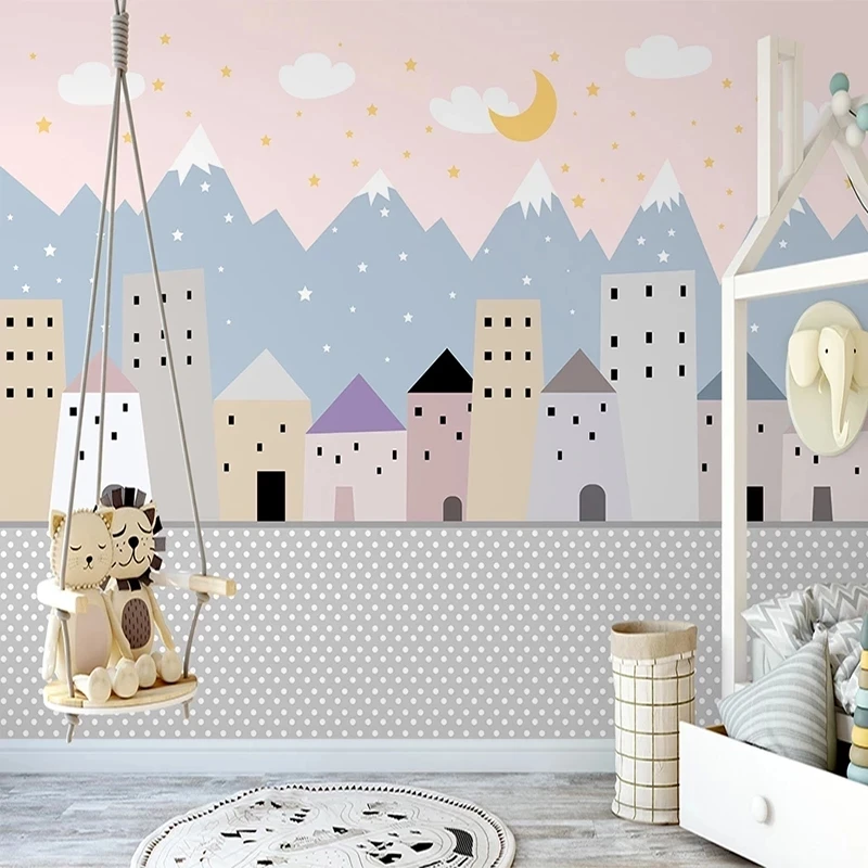 Custom 3D Self Adhesive Wallpaper Kids Room Cartoon House Stars Moon Clouds Children Bedroom Decoration Mural Waterproof | Обустройство