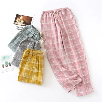 

Casual Couple Cotton Gauze Trousers Pajamas Pants Thin Japanese Plaid Loose Soft Long Sleep Buttoms Men's&Women's Home Pants