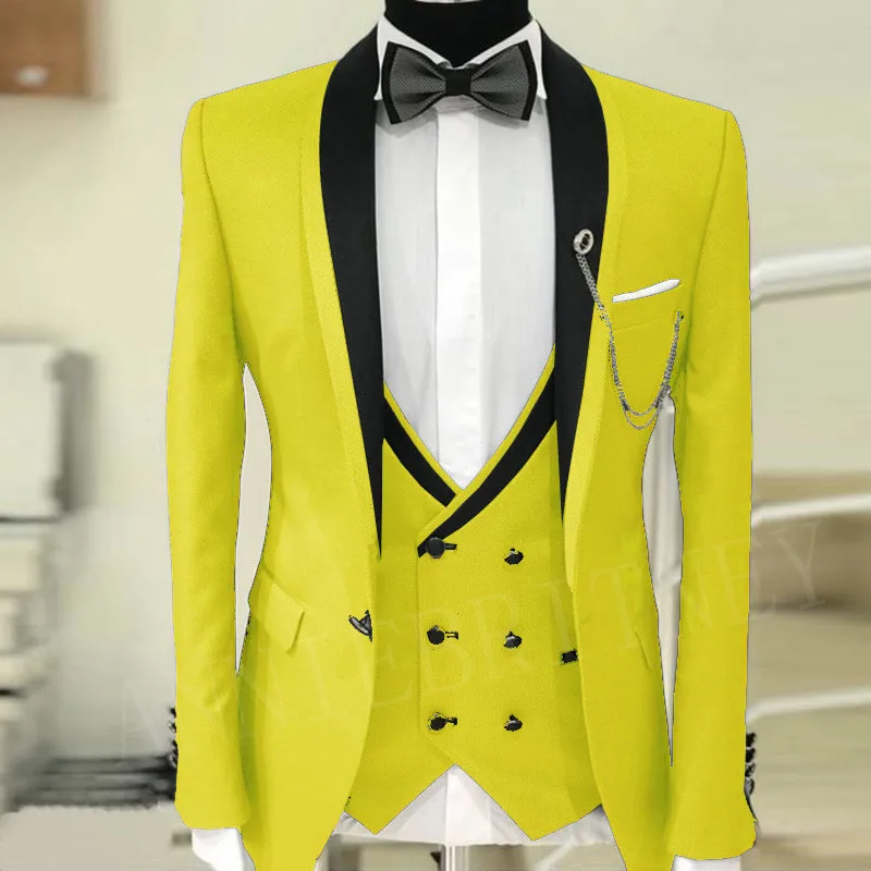 ANNIEBRITNEY, роскошный мужской костюм, темно-серый, свадебные костюмы для мужчин, приталенный смокинг для жениха, пиджак, брюки, жилет, костюм из 3 предметов, блейзер - Цвет: Цвет: желтый