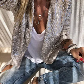 

Fashion Sequins Long Sleeved Blazers Women Shiny Party Blazer Coat Silver Casual Long Sleeve Blazer Jacket Female Outwear