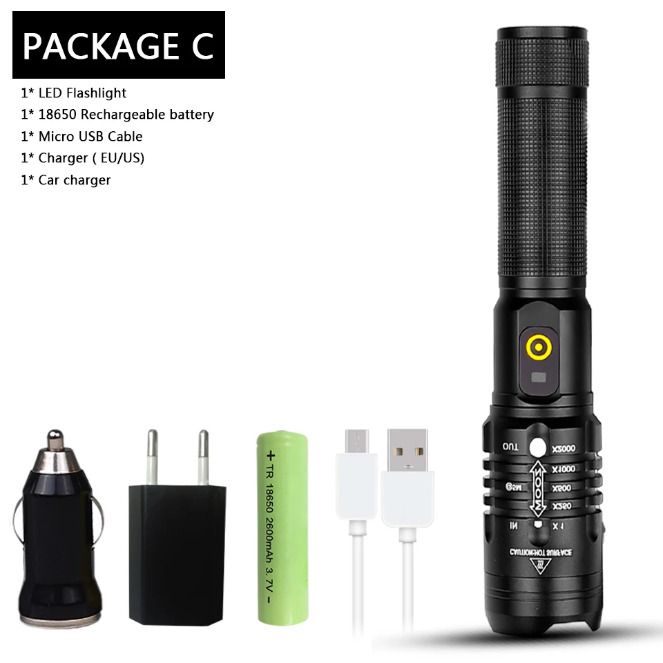 Package C Z90 светодиодный фонарик cree xhp70 usb зарядка растягивающийся зум ударопрочный внешний аккумулятор 18650 перезаряжаемый фонарик - Испускаемый цвет: Package C