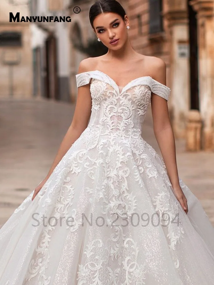 MANYUNFANG vestidos de noiva, кружевное свадебное платье с вышитыми бусинами и вырезом лодочкой, романтическое свадебное платье с соборным шлейфом