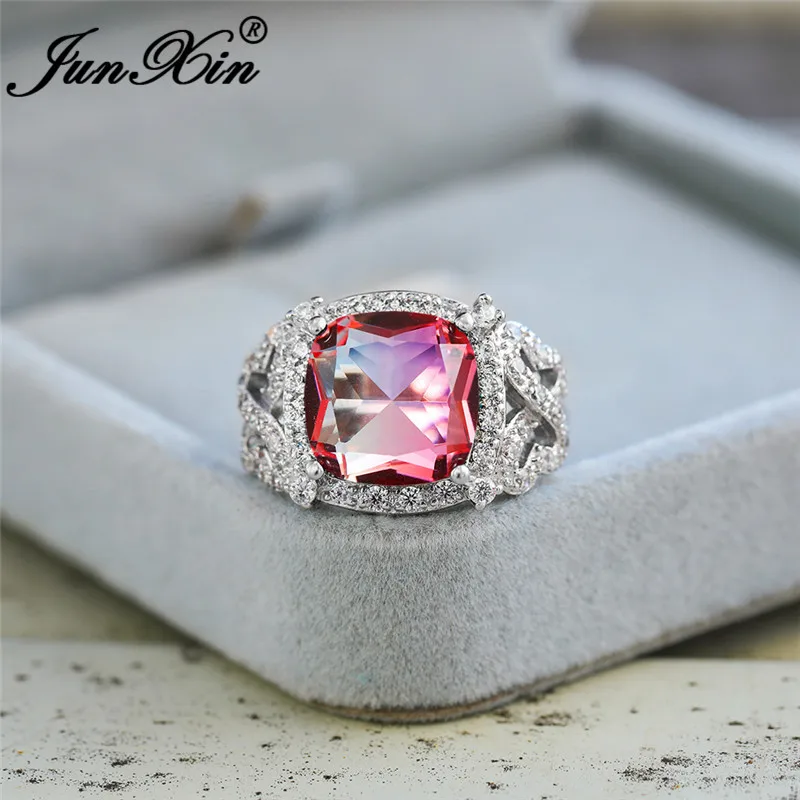 Pink Yellow Ring Градиентное Радужное огненное обручальное кольцо с кристаллами 925 серебро Красочные зеленые красные синие камни большие квадратные обручальные кольца для женщин - Цвет основного камня: Pink Yellow Ring