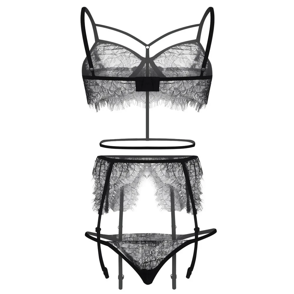 Sexy Lace Bra Panty Garter Belt Set Women Black Transparent Lingerie Seamless Intimates Underwear Bralette Briefs Plus B4