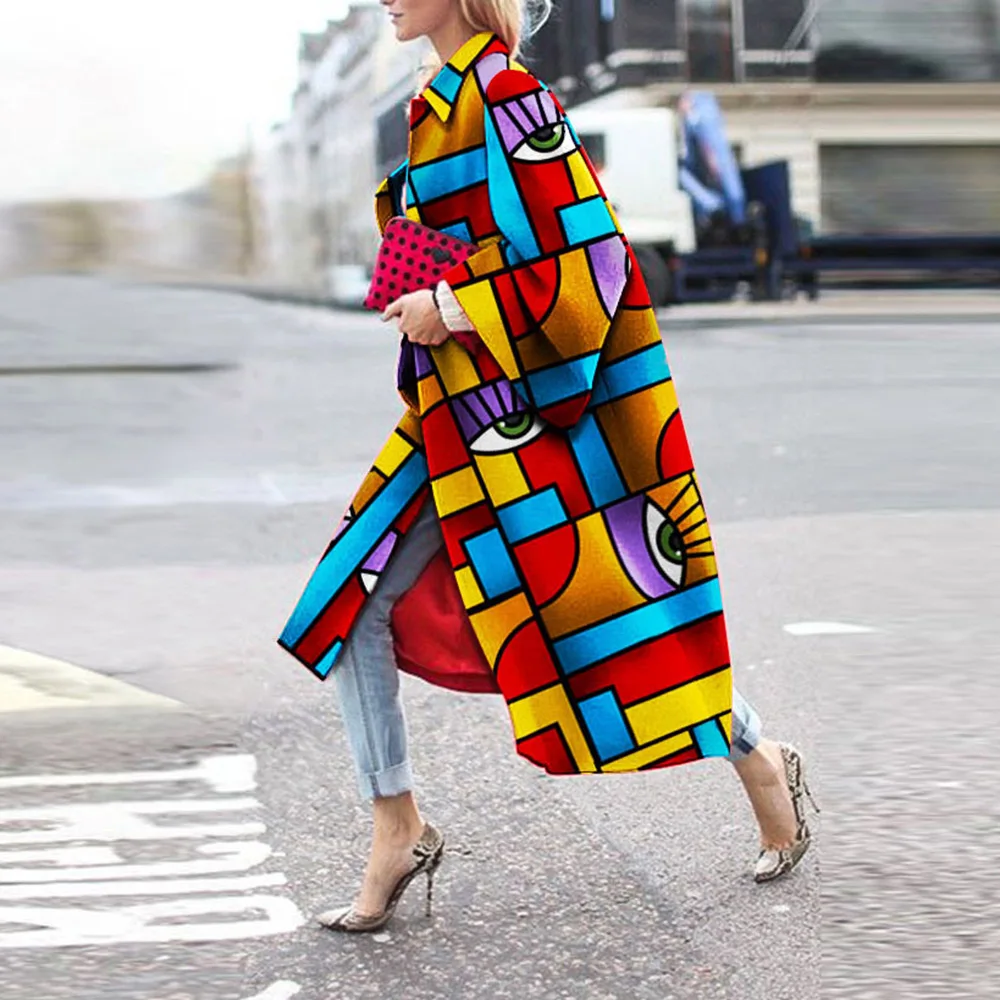 Autumn Winter Trench Coat Fashion Geometric Print Color Coat Female Casual Long Cardigan Coat Turn-Down Collar Vintage Outwear