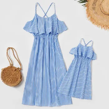 

2020 New Summer Mom And Daughter Dress Mother And Daughter Clothes Family Look Mother Daughter Striped Chiffon Dresses