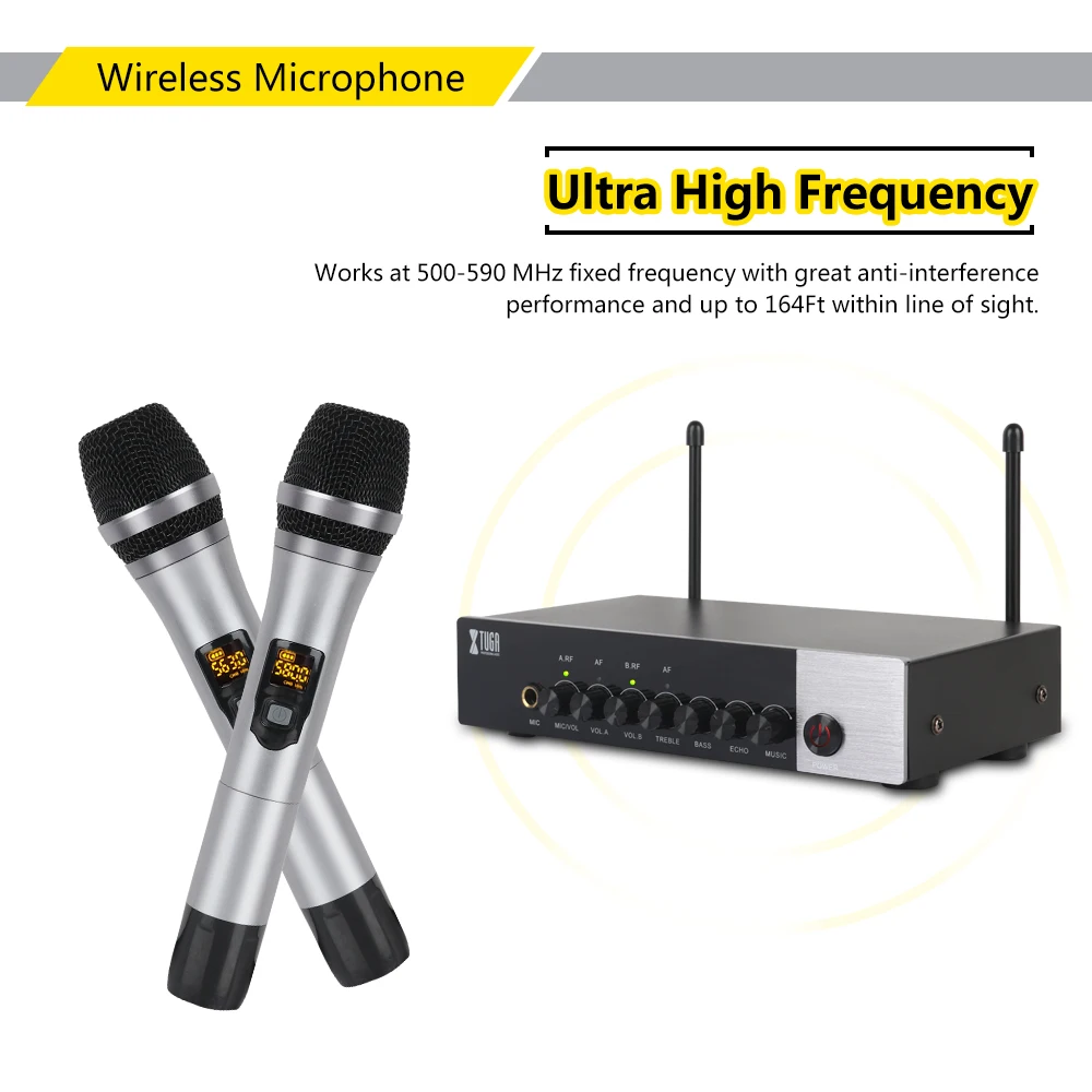 XTUGA UHF Dual Channel Wireless Handheld Microphone,Easy-to-Use Karaoke Bluetooth Microphone with Treble/Bass/Echo Effect wireless headphones with mic