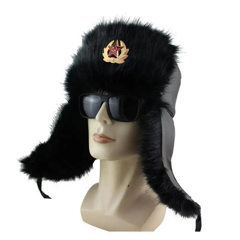 Soviet Badge Hat Pu Waterproof Padded Earmuffs Russian Warm Hat Women Earmuffs Outdoor Warm Hat Padded And Hat Men M3Z3 mens winter bomber hats