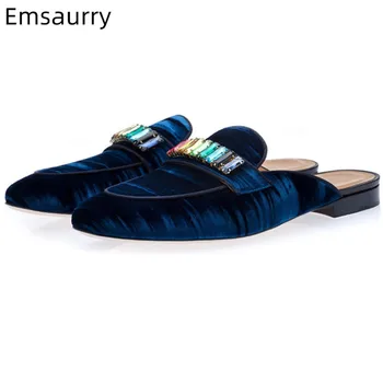 

Iridescent Rhinestone Decor Slippers For Men Luxury Velvet Round Toes Flat Slip-on Outwear Mules Spring 2020 Shoes Man