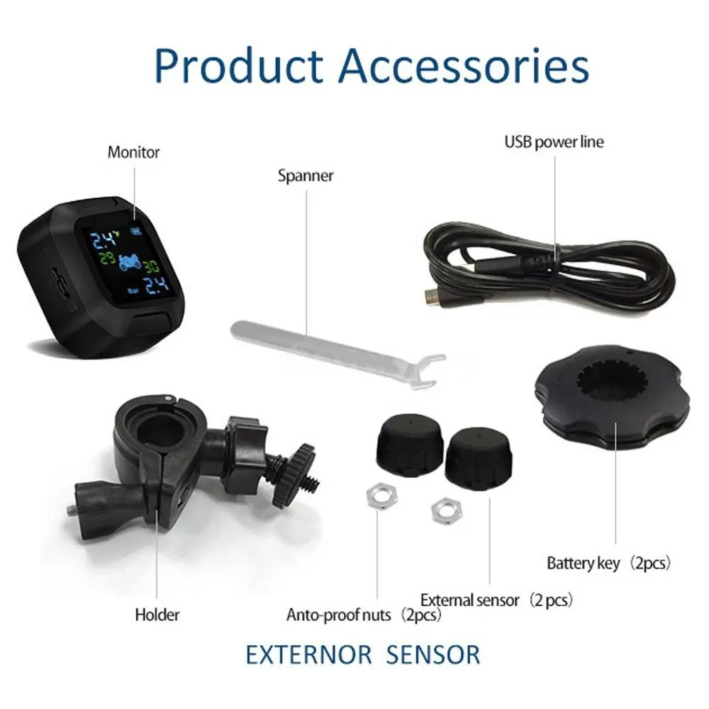 Vehemo LCD TPMS мотоциклетная сигнализация Манометр беспроводной с 2 датчиками USB Bluetooth