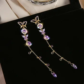 

Shiny Side New Accessories Crystal Butterfly Dangle Earrings for Women Fashion Jewelry Elegant Long Drop Earrings