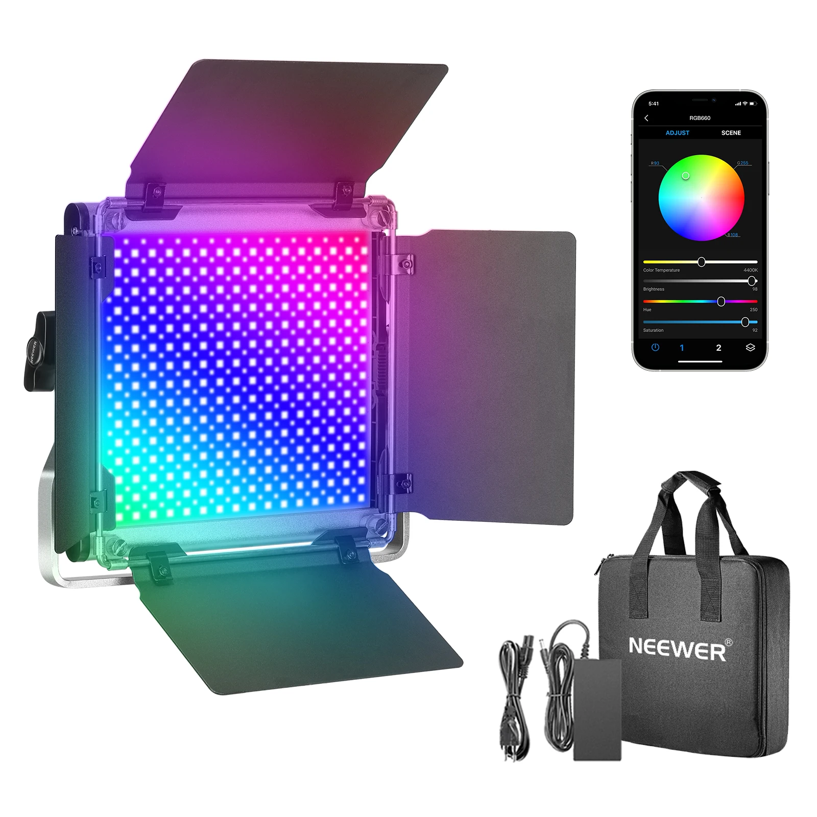 Neewer 660 RGB Led Light with APP Control 660 SMD LEDs CRI95/3200K-5600K/Brightness 0-100%/0-360 Adjustable Colors/9 Applicable