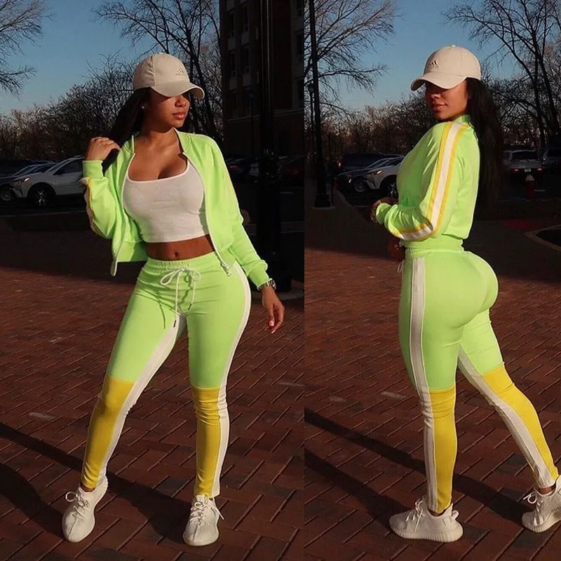 

Autumn Women Yellow Green Colorblock Tracksuits Long Sleeves Cardigan Jacket + Stripe Jogging Sweatpants Suit Street Outfit Set