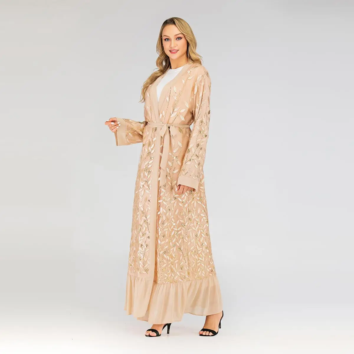 Дубай abaya кимоно кружева вышивка открытый кафтан леди мусульманское платье макси кардиган jilbaw ислам платье с длинным рукавом Одежда Рамадан