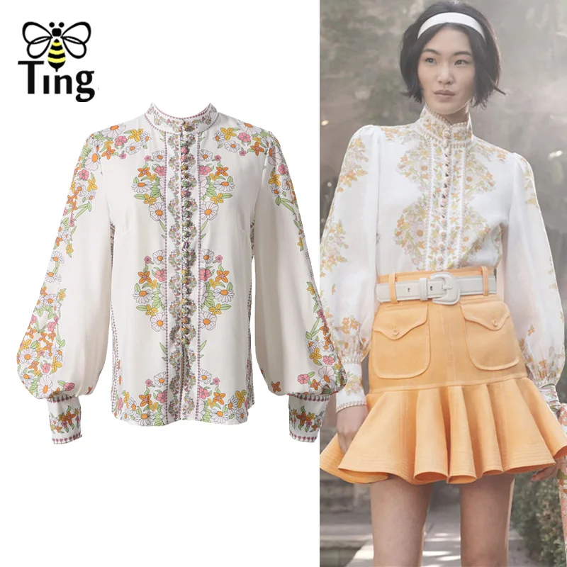 

Tingfly 2020 Spring Designer Runway Floral Single Breasted Blouse Women Fashion Lantern Sleeve Female Shirt Work Casual Blouses