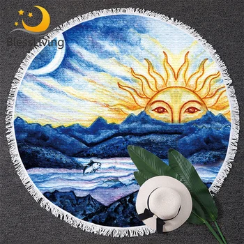 

BlessLiving Abstract Costal Beach Round Beach Towel Morning Sun Over Ocean Mat Natural Inspire Yoga Mat With Tassel Tapestry