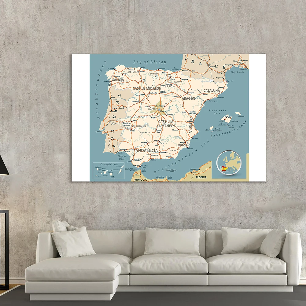 150*100 cm Road Network Map of The Spain Wall Art Poster Non-woven Canvas Painting School Supplies Home Decoration