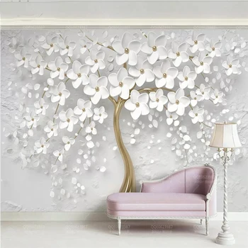 

fashion custom White flower big tree Photo mural Wallpaper Living Room Bedding Room Landscape Wall Decor Embossed Wall paper