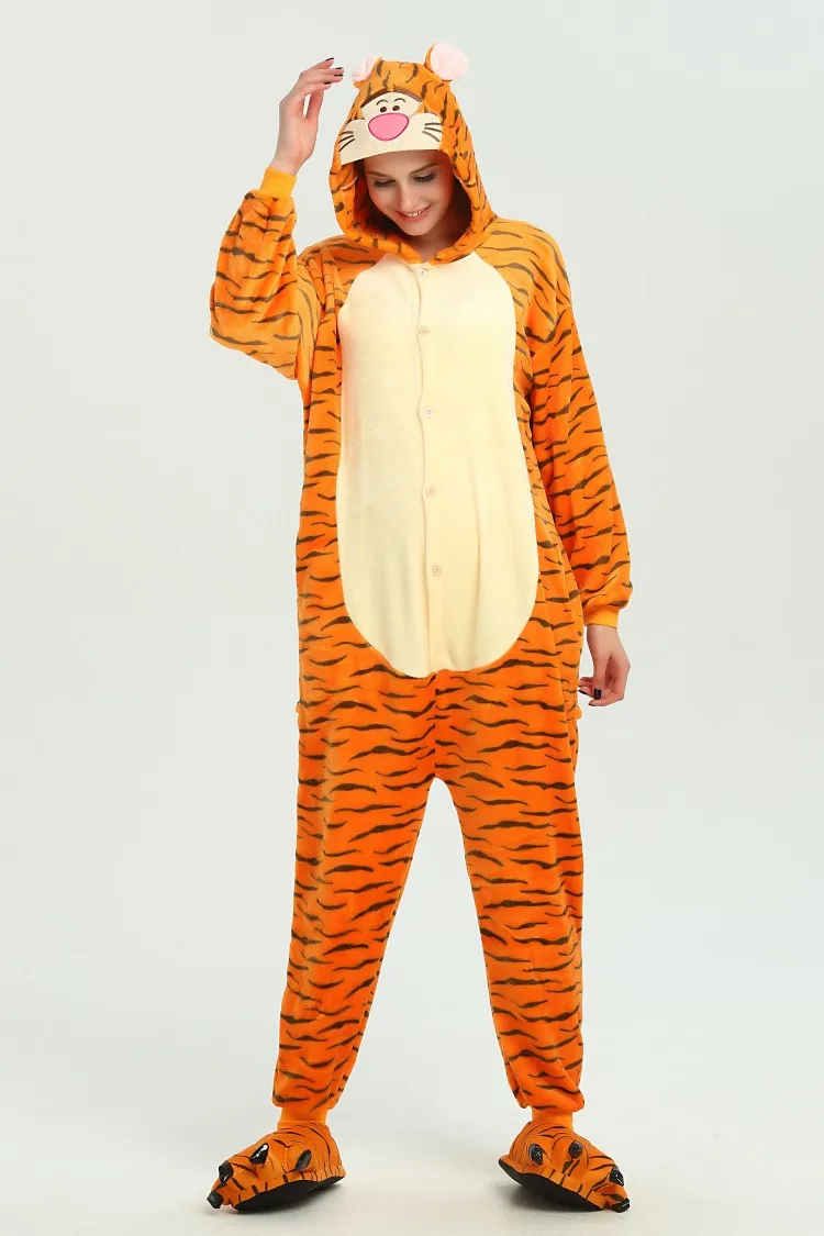 Kigurumi Women Unicorn Pajamas onesie Cartoon Animals Dinosaur Winter Flannel Pajama Adult Pink Nightie Stitch Sleepwear Overall - Цвет: tiger