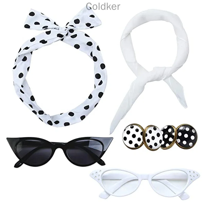 Adult Halloween Cosplay Costumes 5 Pack 50s Set Chiffon Scarf Cat Eye Glasses Bandana Tie Headband Earrings