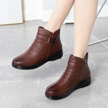 

Genuine leather Mother single boots Autumn middle-aged and elderly flat Cotton shoes Winter plus velvet Platform