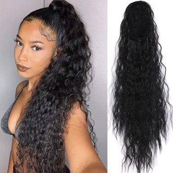 

Allaosify 31 Colors Clips in Hair Extension Corn Water Wave Synthetic Long Ponytail For Women Black Brown Blond Gray Crimson