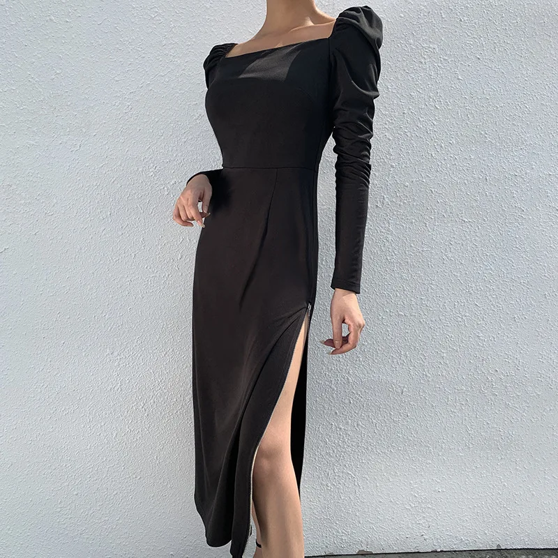 

Hot sale 2019 autumn and winter women's Street wear new long-sleeved square collar solid natural side zipper And calf long dress