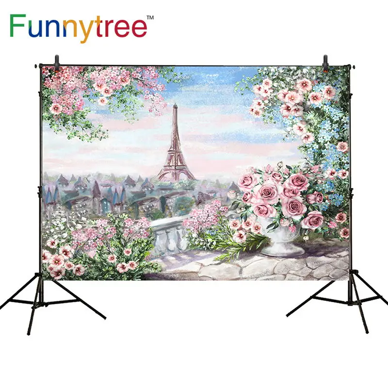 Funnytree фон для фотосъемки Весенний Париж Эйфелева башня розовый цветок картина маслом фотосессия свадебное фото фон Фотофон