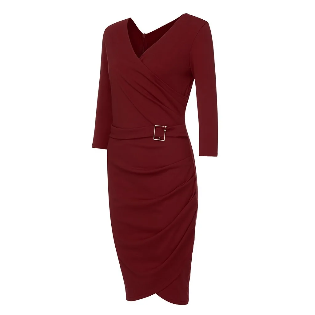 Vintage Dress Vestido Women's Sexy Solid Color V-neck Long Sleeve Hem Party Skinny Dress slim fit платье женское осе#301102