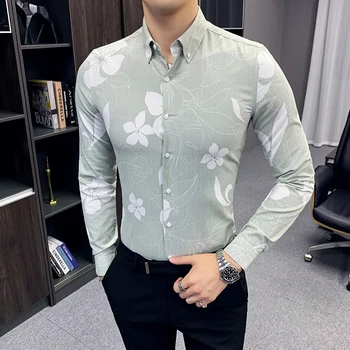 

Men's shirt autumn 2019 new slim plant-print long-sleeve shirt loose casual lapel fashion personality young men's wear