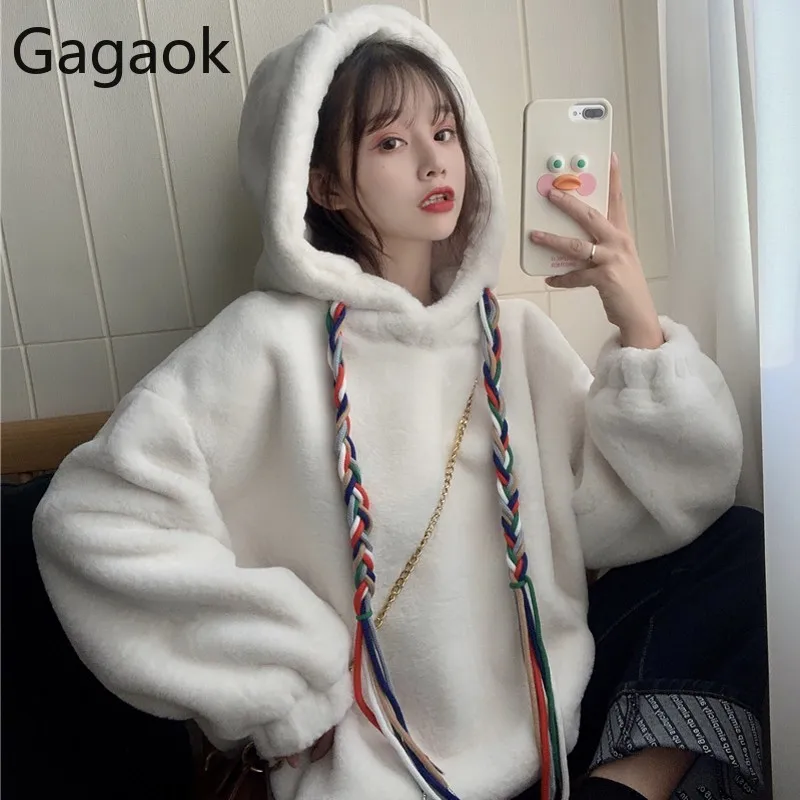 Gagaok женские толстые повседневные толстовки Осень Зима Новое поступление Твердые с капюшоном свободные на шнуровке Harajuku женский модный корейский пуловер