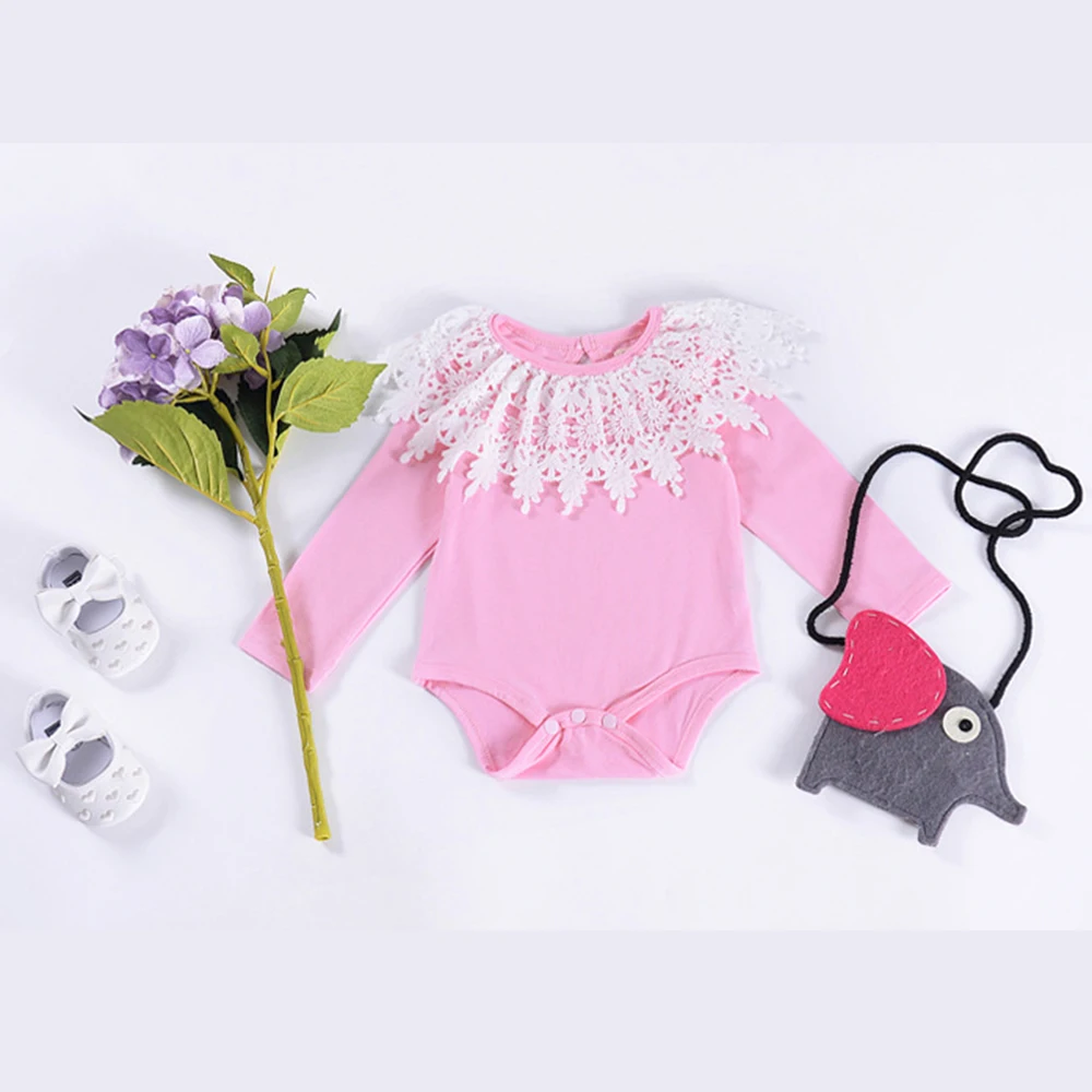 

Baby Girls Summer Cotton Newborn Jumpsuit Baby Round Collar Long Sleeves Black Pink Lace Romper Creeping Clothes
