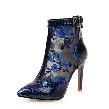 

2020 summer Embroider shoes woman pointed toe zip ladies summer boots patent leather+mesh ankle boots big size 41 42 43