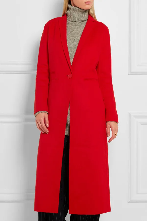 Красное однотонное женское длинное шерстяное пальто с одной пуговицей, теплая Женская куртка с широкой талией, элегантное кашемировое пальто и куртка