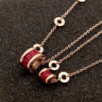 

Hot Sale Red Rhinestone CZ Cylinder Rose Gold Color Stainless Steel Necklace Bracelet Set