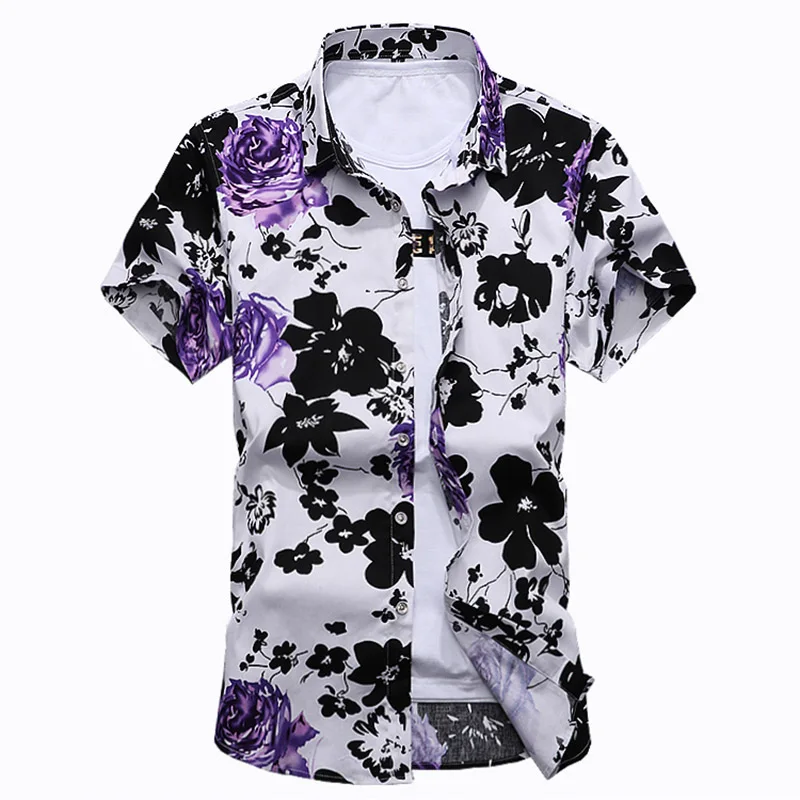 purple 15 Мужская рубашка из хлопка, летняя модная мужская Повседневная рубашка с цветочным принтом, тонкая рубашка с коротким рукавом и цветочным принтом, Мужская одежда, тренд M-7XL - Цвет: purple 15